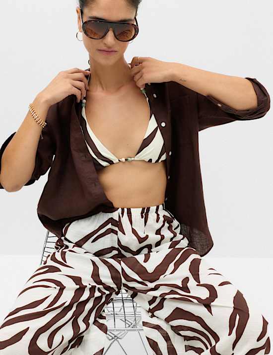 Animal Print Padded Trim Detail Triangle Bikini Top