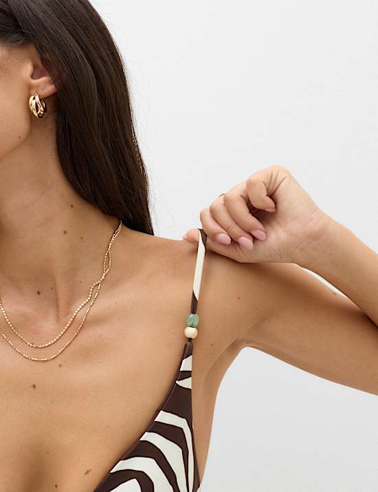 Animal Print Trim Detail Plunge Swimsuit
