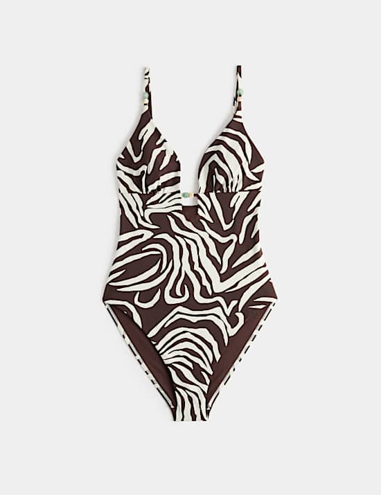 Animal Print Trim Detail Plunge Swimsuit