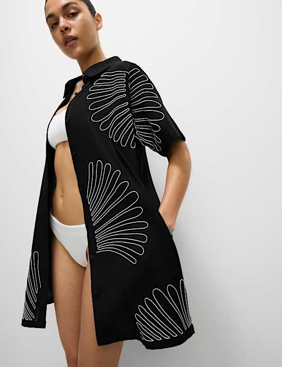 Linen Rich Embroidered Mini Shirt Dress