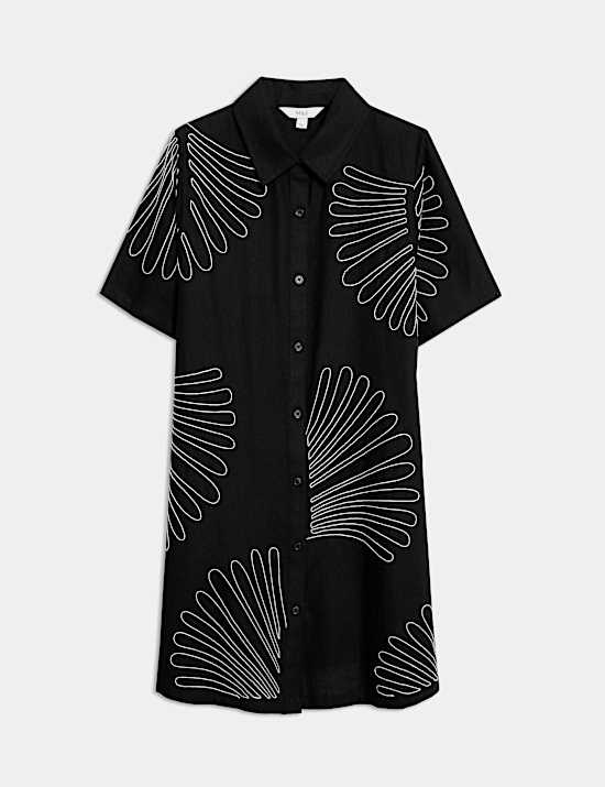 Linen Rich Embroidered Mini Shirt Dress