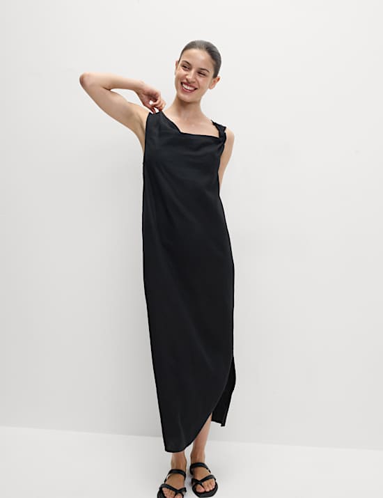 Linen Rich Tie Neck Midaxi Shift Dress