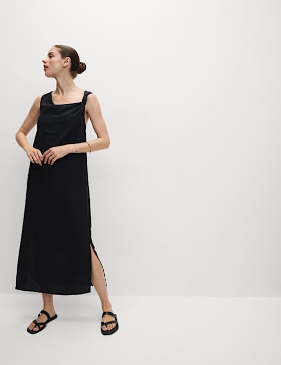 Linen Rich Tie Neck Midaxi Shift Dress