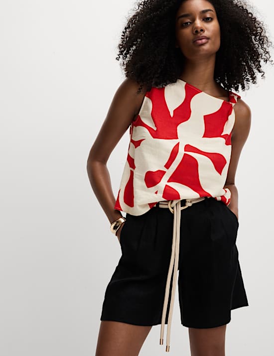 Linen Rich Printed Twist One Shoulder Top