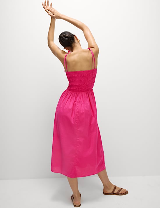 Robe caraco midi 100 % coton à col carré et détail froncé