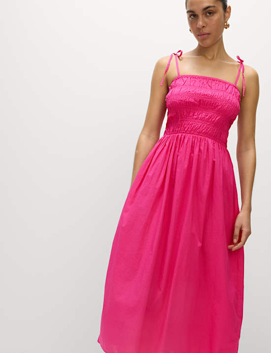 Robe caraco midi 100 % coton à col carré et détail froncé