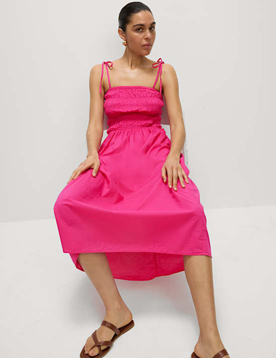 Robe caraco midi 100 % coton à col carré et détail froncé