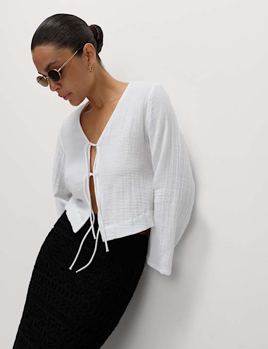 Pure Cotton V-Neck Tie Front Beach Top