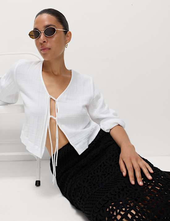 Pure Cotton V-Neck Tie Front Beach Top