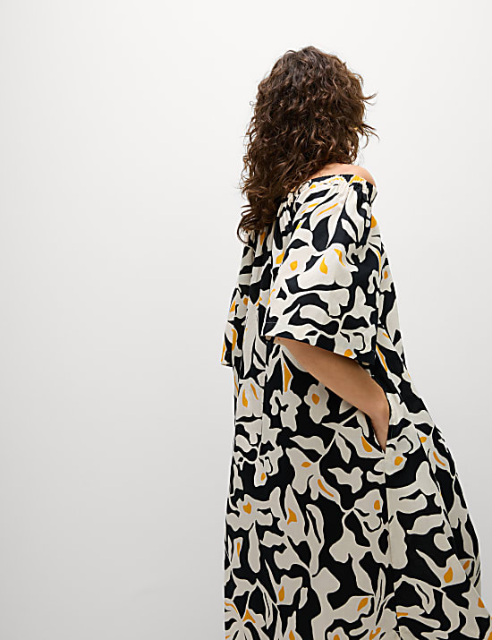 Pure Cotton Printed Bardot Midaxi Dress