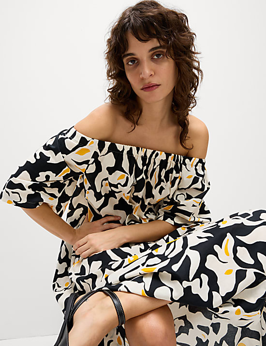 Pure Cotton Printed Bardot Midaxi Dress