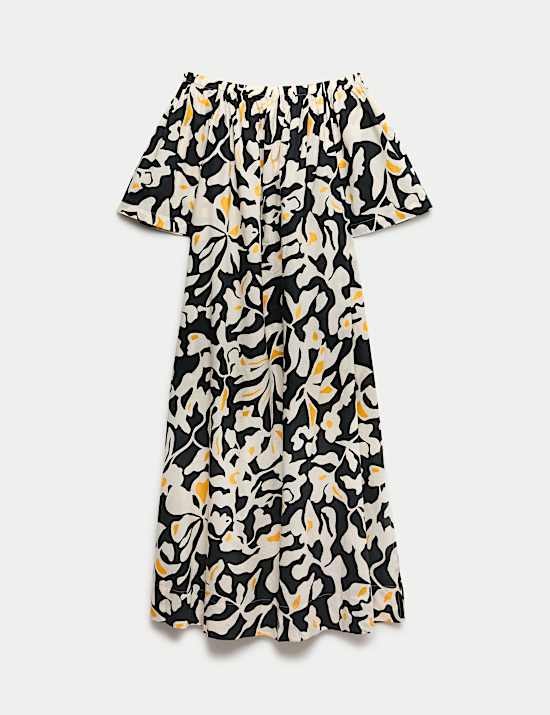 Pure Cotton Printed Bardot Midaxi Dress