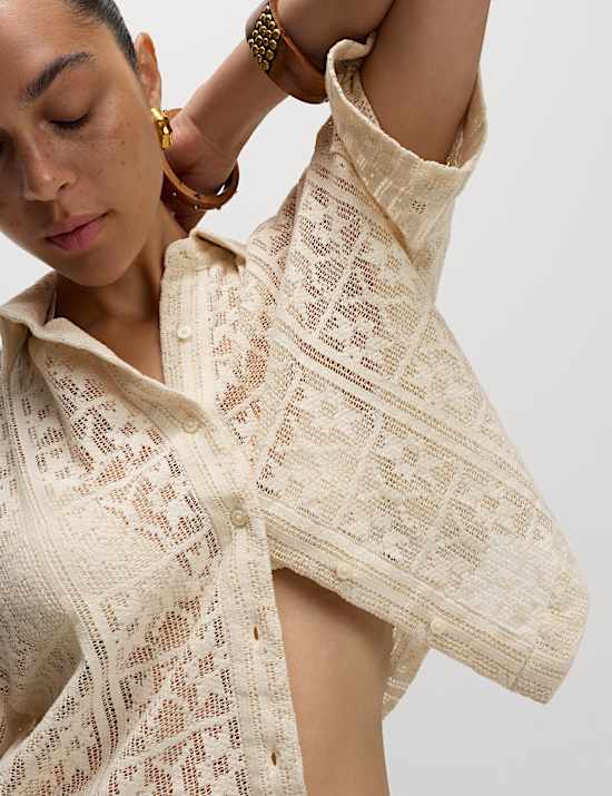 Pure Cotton Crochet Short Sleeve Beach Shirt