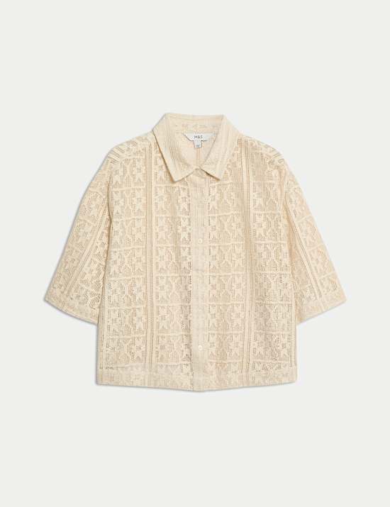 Pure Cotton Crochet Short Sleeve Beach Shirt