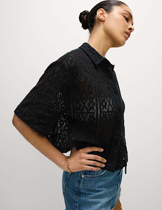 Pure Cotton Crochet Short Sleeve Beach Shirt