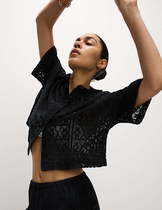 Pure Cotton Crochet Short Sleeve Beach Shirt