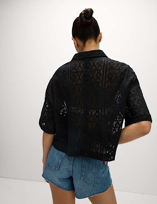 Pure Cotton Crochet Short Sleeve Beach Shirt