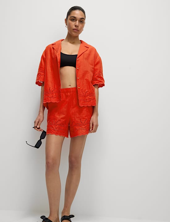 Pure Cotton Broderie Collared Button Through Beach Shirt