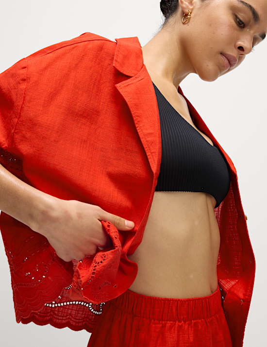 Pure Cotton Broderie Collared Button Through Beach Shirt