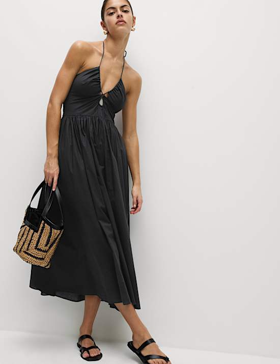 שמלת חוף מידקסי מכותנה טהורה עם צווארון קולר