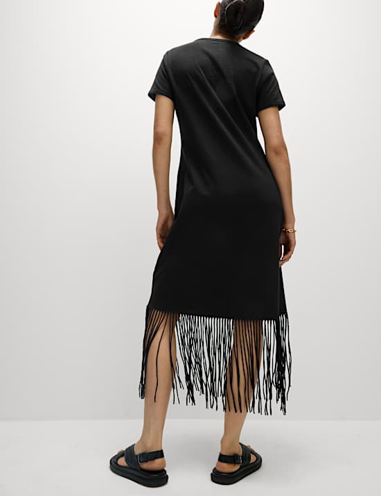Jersey Fringe Trim Midaxi T-Shirt Beach Dress