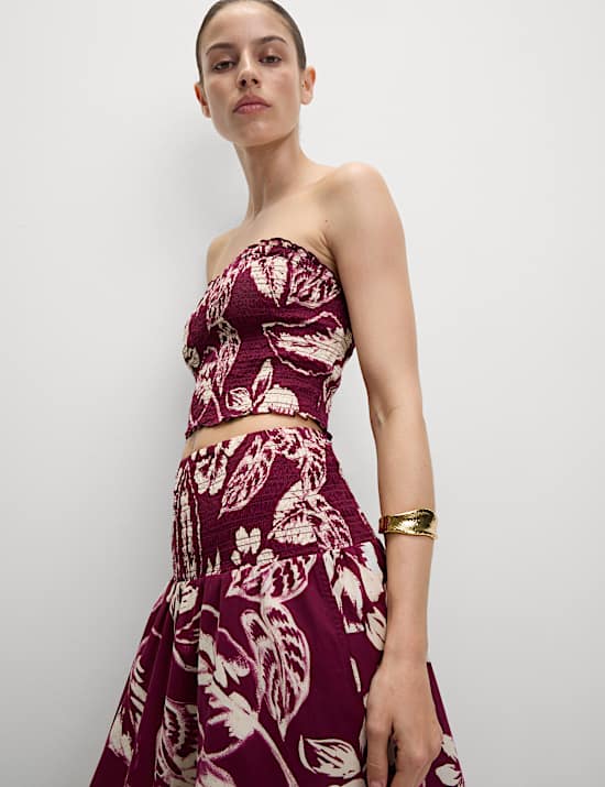 Pure Cotton Printed Shirred Cropped Bandeau Beach Top