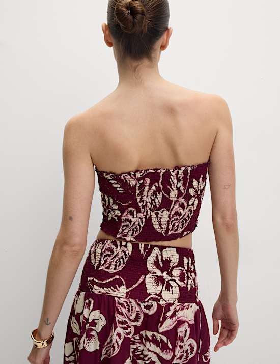 Pure Cotton Printed Shirred Cropped Bandeau Beach Top