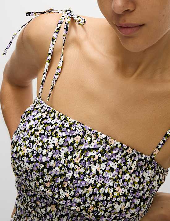 Printed Square Neck Midaxi Shirred Cami Dress