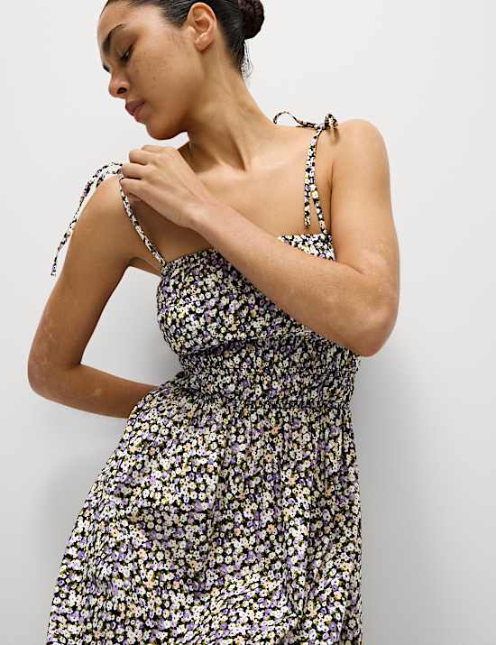 Printed Square Neck Midaxi Shirred Cami Dress