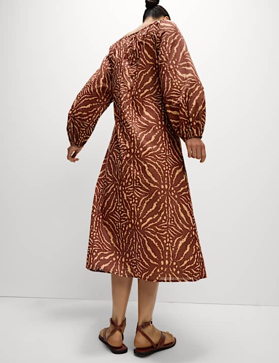 Pure Cotton Printed Tie Neck Puff Sleeve Midaxi Kaftan Dress