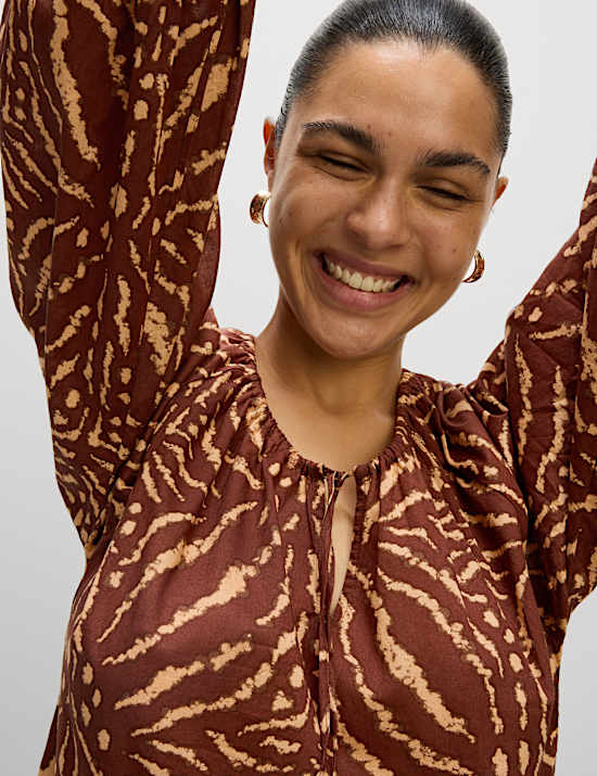 Pure Cotton Printed Tie Neck Puff Sleeve Midaxi Kaftan Dress