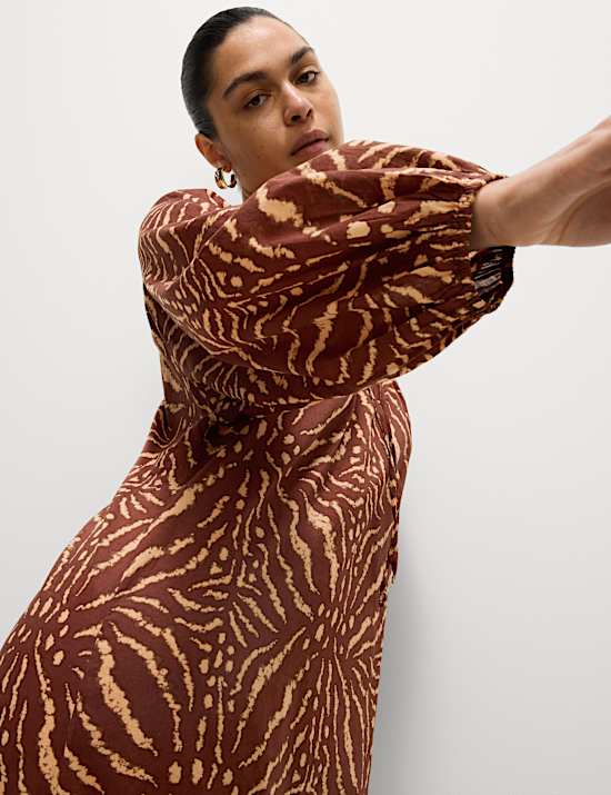 Pure Cotton Printed Tie Neck Puff Sleeve Midaxi Kaftan Dress