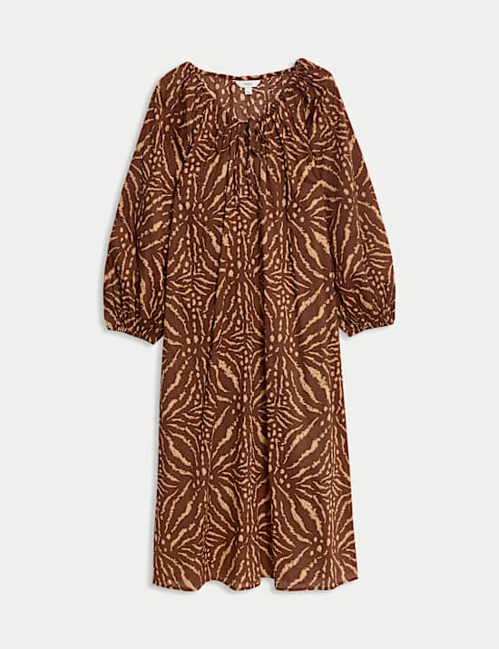Pure Cotton Printed Tie Neck Puff Sleeve Midaxi Kaftan Dress