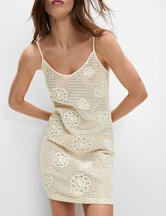 Pure Cotton Crochet Floral V-Neck Mini Beach Dress