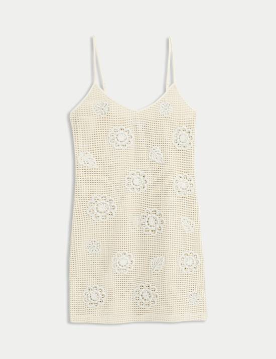 Pure Cotton Crochet Floral V-Neck Mini Beach Dress