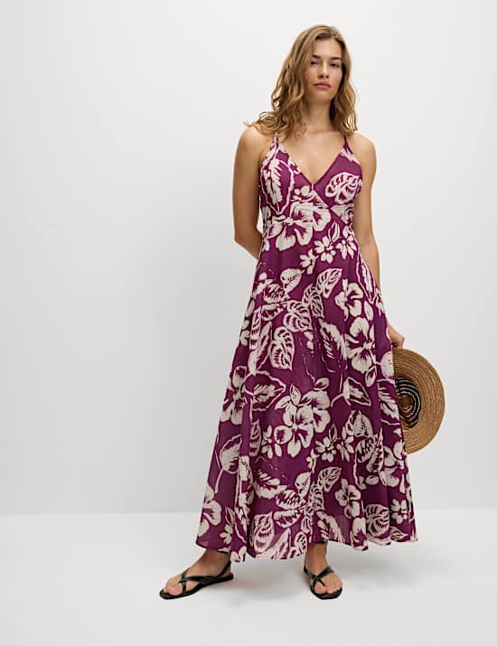 Pure Cotton Printed V-Neck Beach Dress