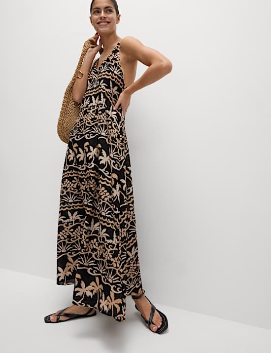 שמלת חוף מכותנה טהורה עם הדפס וצווארון וי