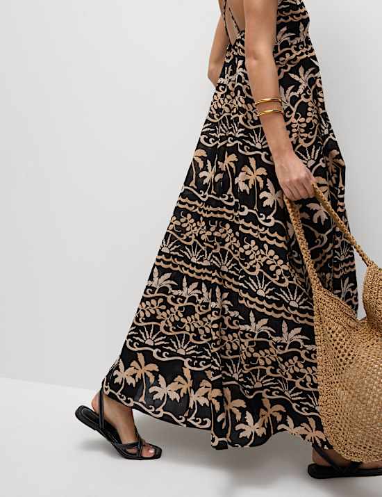 שמלת חוף מכותנה טהורה עם הדפס וצווארון וי