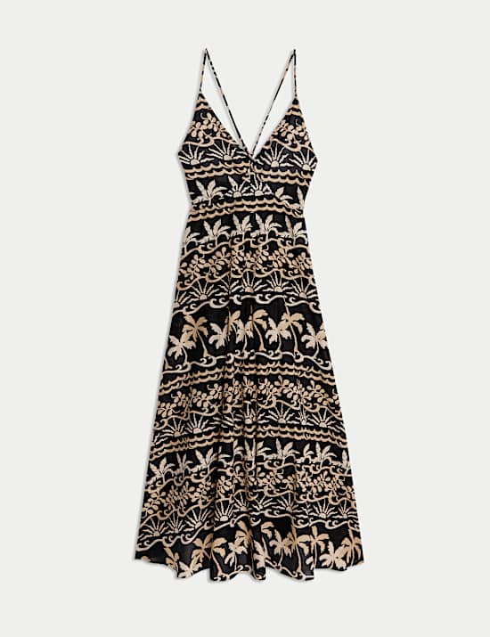 שמלת חוף מכותנה טהורה עם הדפס וצווארון וי