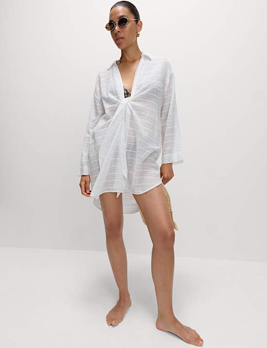 Chemise de plage coupe décontractée 100 % coton à nœud sur le devant
