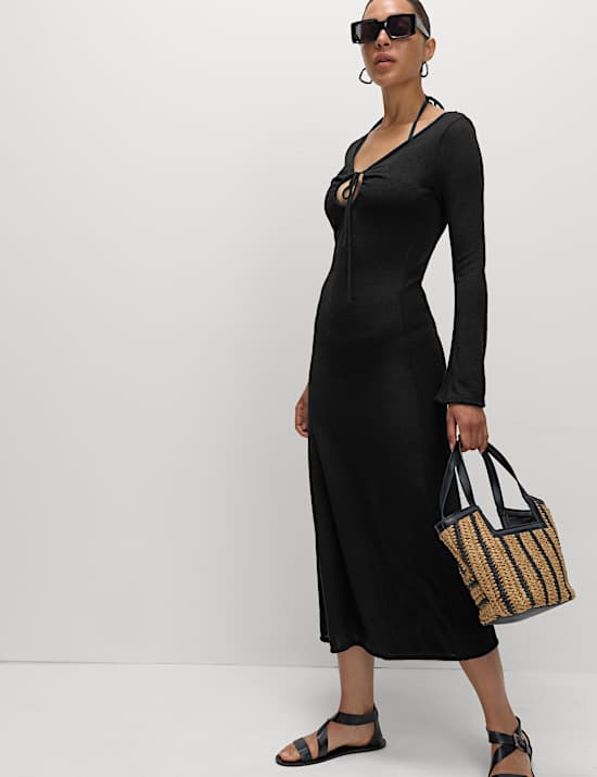 Knitted V-Neck Tie Detail Maxi Beach Dress