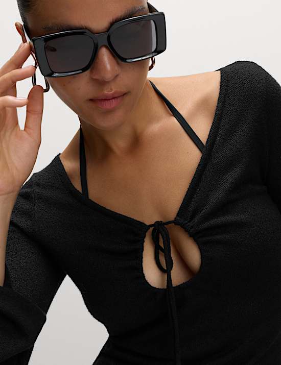 Knitted V-Neck Tie Detail Maxi Beach Dress