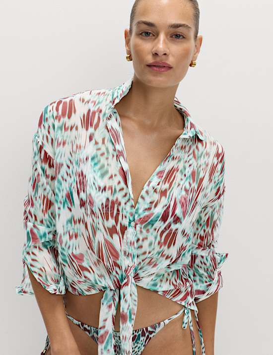 Printed Collared Tie Front Beach Shirt