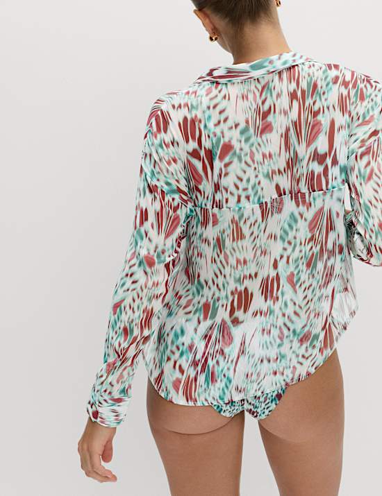 Printed Collared Tie Front Beach Shirt