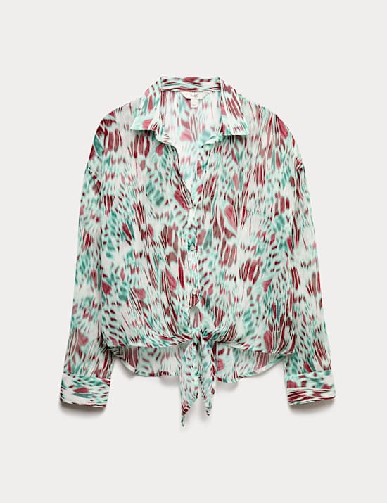 Printed Collared Tie Front Beach Shirt