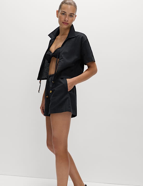 Beaded Collared Tie Front Beach Shirt