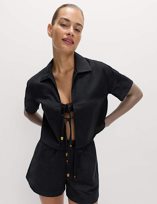 Beaded Collared Tie Front Beach Shirt