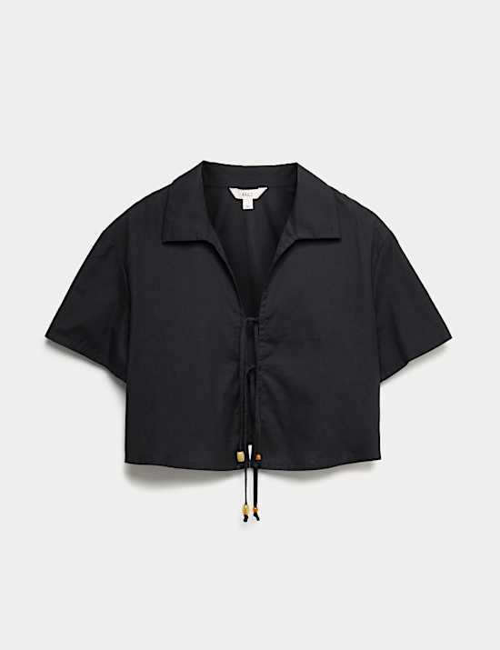 Beaded Collared Tie Front Beach Shirt