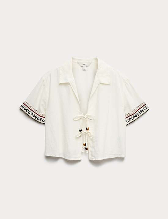 Linen Rich Beaded Tie Front Beach Shirt