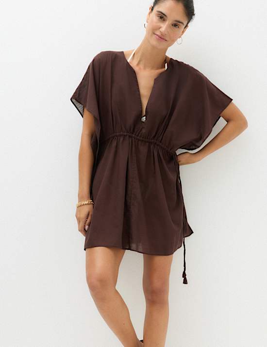 Pure Cotton Tie Detail Mini Kaftan Dress